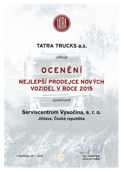 Nejlepší prodejce nových vozů Tatra v roce 2015