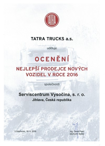 Nejlepší prodejce nových vozů Tatra v roce 2016