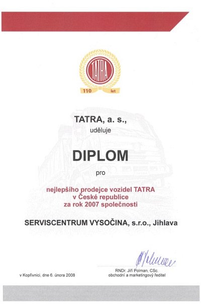 Nejlepší prodejce Tatra v roce 2007
